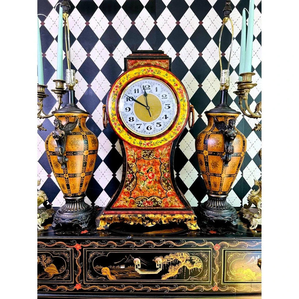 Oversized 2ft Tall Italian Florentine Style Mantel Clock Hand Painted